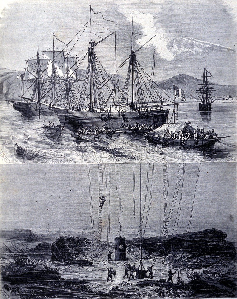 Spanyol galleonok hajóroncsainak keresése a Vigo-öbölben 1702-ben. XIX. alkotó: Unknown artist