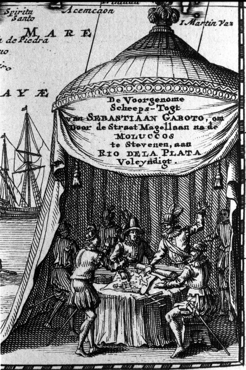 Sebastiano Caboto (Sebastien Cabot) más navigátorokkal együtt ábrázolja a navigációs térkép kazettáját. 17. század eleje. alkotó: Unknown artist