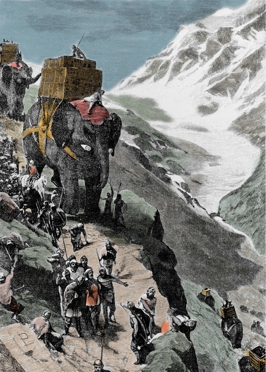 Második pun háború. Hannibal Barca serege átkelt az Alpokon, ie 218. századi olasz metszet. alkotó: Unknown artist