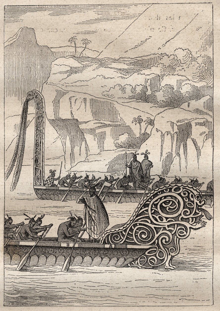 James Cook kapitány (1728-1779) második útja (1772-1775): Neo-Zelandans háborús kenuk (Neo Zelandaises) – az illusztráció a „” A 18. századi nagy tengerészek” című könyvből vett. alkotó: Unknown artist