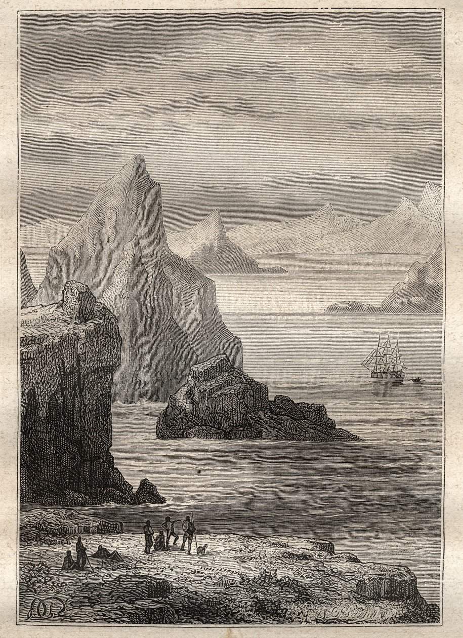 James Cook kapitány (1728-1779) második útja (1772-1775): kilátás a Noel-csatornára, Terre de Fuego - illusztráció a „18. századi nagy tengerészek” című könyvből. alkotó: Unknown artist