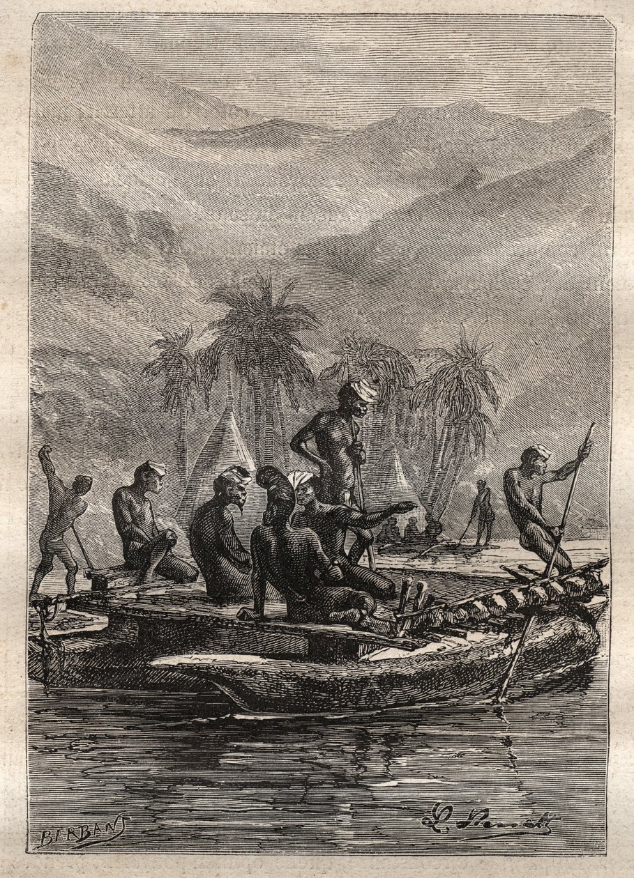 James Cook kapitány (1728-1779) második útja (1772-1775): a bennszülötteknek volt elég magabiztosságuk ahhoz, hogy közeledjenek és cseréljenek (Új-Kaledónia) – az illusztráció a „18. századi nagy tengerészek” c. alkotó: Unknown artist