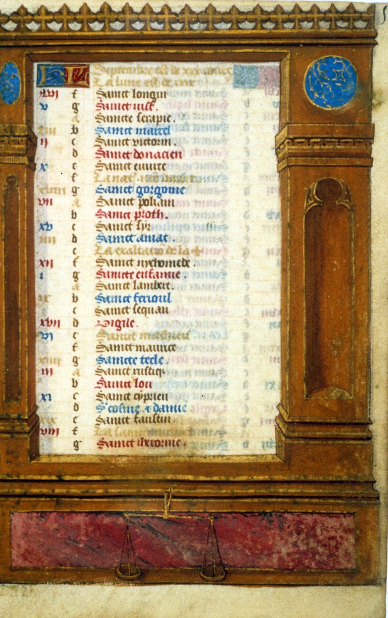 Szeptemberi naptár Mérleg jegyével - Középkor miniatűrje: Kérjen engedélyt a Toulouse-i Városi Könyvtártól (tel: 05 62 27 66 66) alkotó: Unknown artist