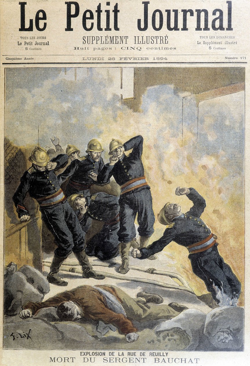 Bauchat őrmester a rue de Reuilly utcában történt robbanás után a tűzoltók közben életét vesztette. Az 1894-es „Kis Napló” illusztrációja. alkotó: Unknown artist