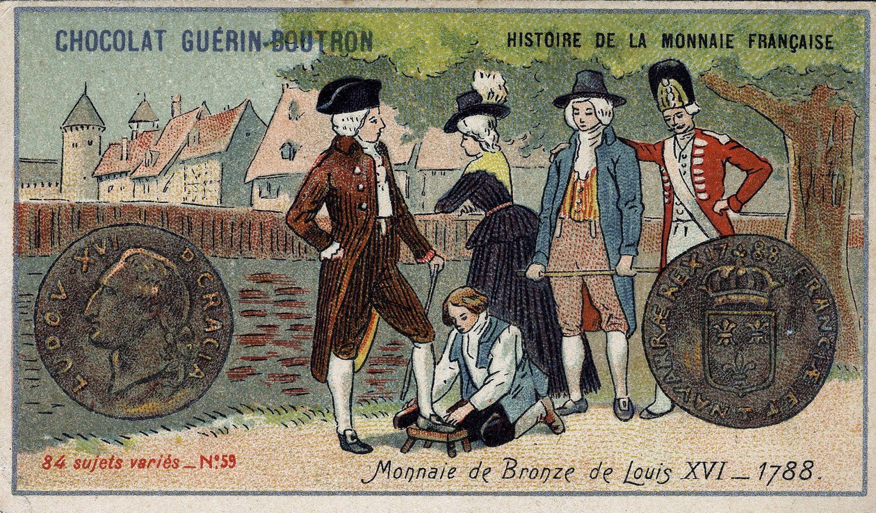A francia valuta története sorozat, amelyet a Chocolat Guérin Boutron adott ki. 19. századi kromolitográfia. XVI. Lajos bronzérme 1788-ban alkotó: Unknown artist