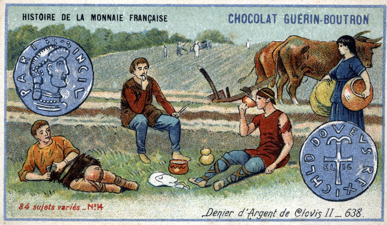 A francia valuta története sorozat, amelyet a Chocolat Guérin Boutron adott ki. 19. századi kromolitográfia. Clovis ezüst tagadója 638-ban alkotó: Unknown artist