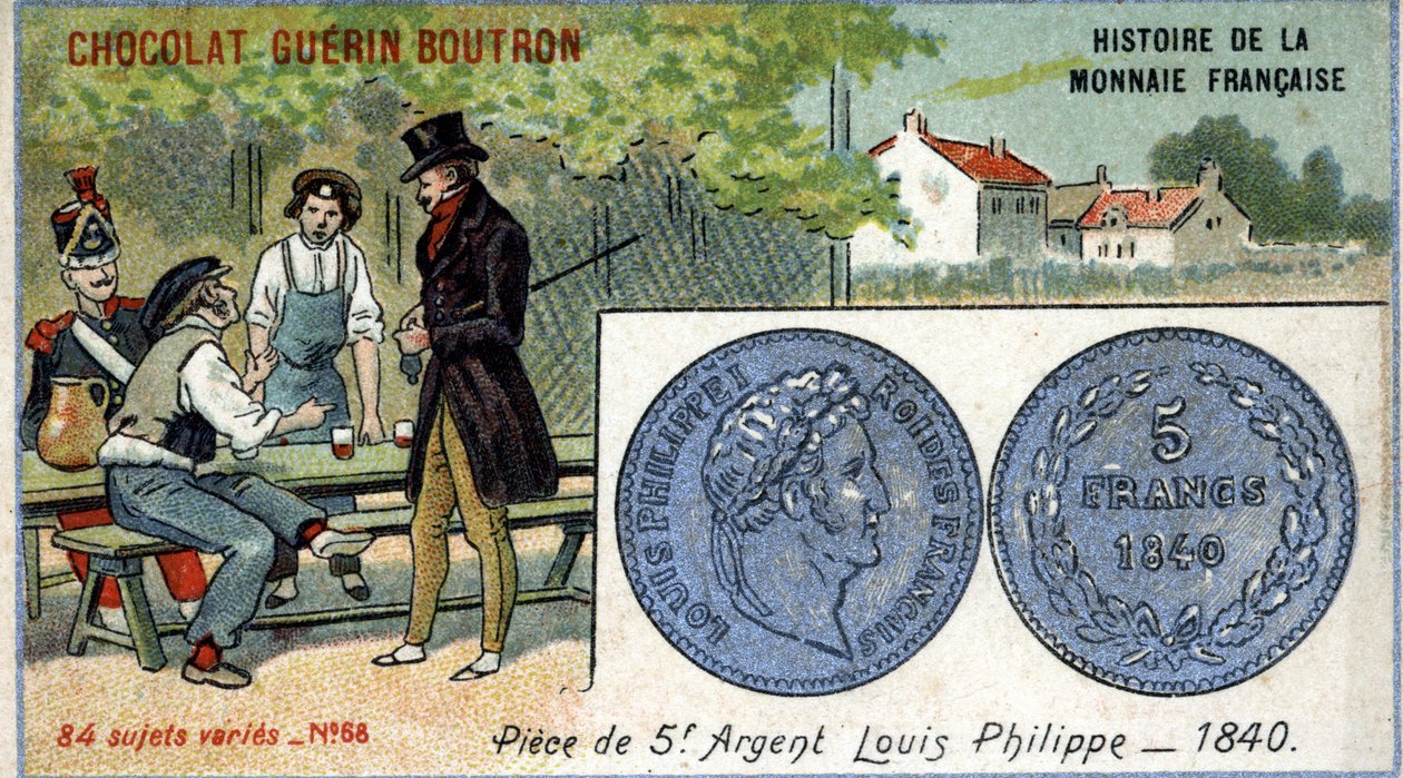 A francia valuta története sorozat, amelyet a Chocolat Guérin Boutron adott ki. 19. századi kromolitográfia. 5 frank ezüst érme. Louis Philippe 1. 1840-ben alkotó: Unknown artist
