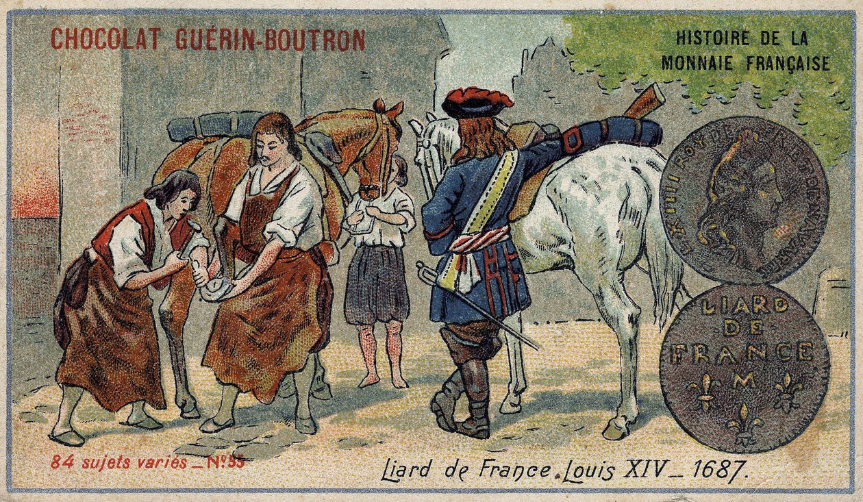 A francia valuta története sorozat, amelyet a Chocolat Guérin Boutron adott ki. 19. századi kromolitográfia. Liard Franciaországból. XIV. Lajos 1687-ben alkotó: Unknown artist