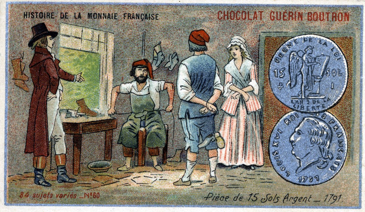 A francia valuta története sorozat, amelyet a Chocolat Guérin Boutron adott ki. 19. századi kromolitográfia. 15 ezüstföld érméi 1791-ben alkotó: Unknown artist