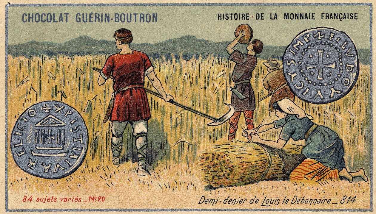 A francia valuta története sorozat, amelyet a Chocolat Guérin Boutron adott ki. 19. századi kromolitográfia. Debonnaire Lajos fél tagadója 814-ben alkotó: Unknown artist