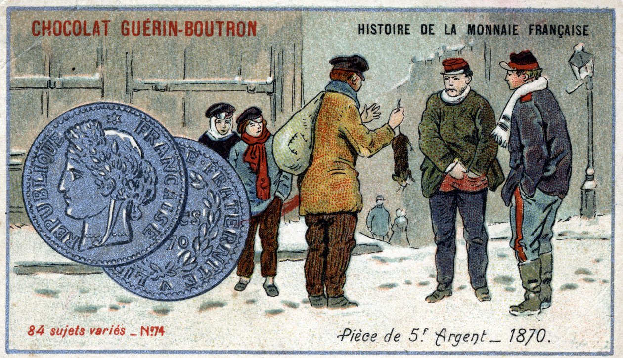 A francia valuta története sorozat, amelyet a Chocolat Guérin Boutron adott ki. 19. századi kromolitográfia. 5 frank ezüst érme 1870-ben alkotó: Unknown artist