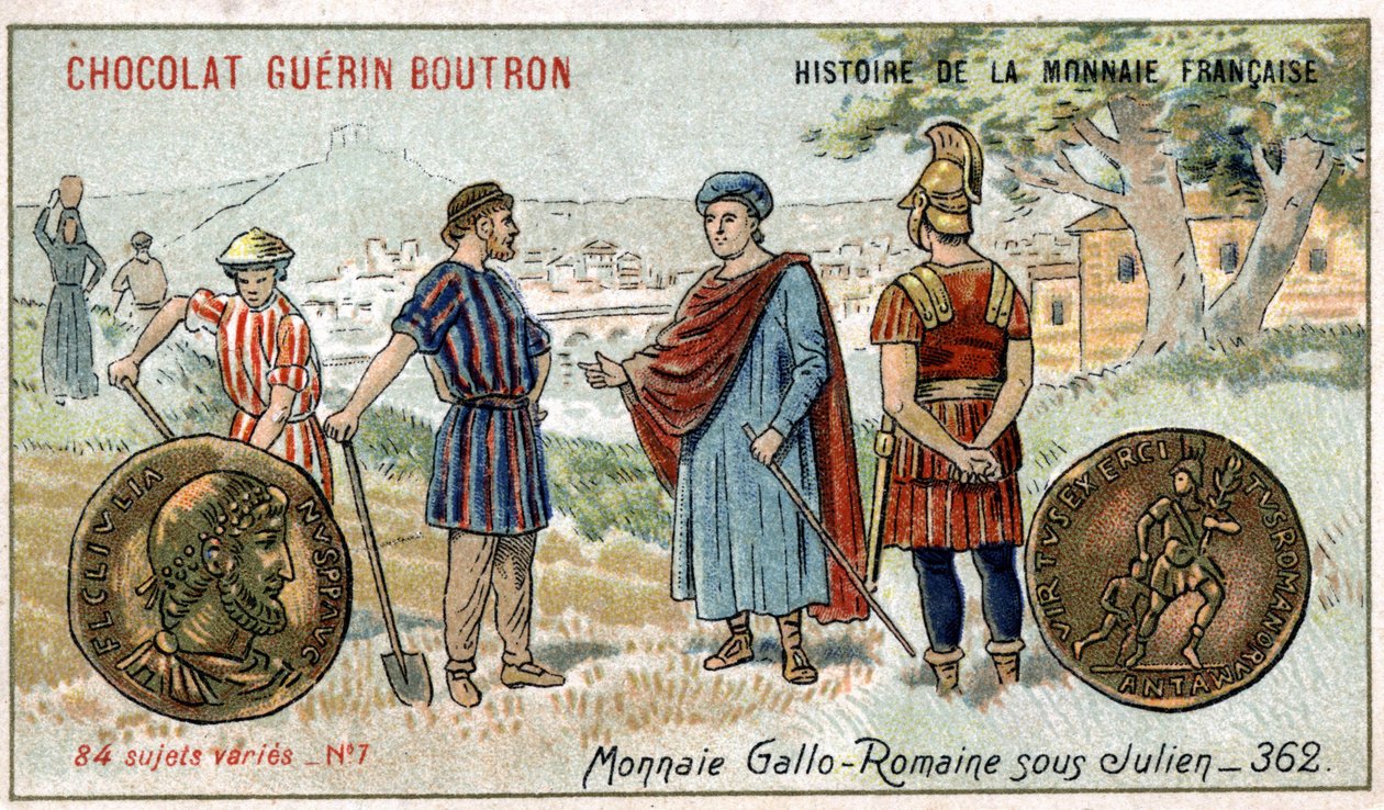 A francia valuta története sorozat, amelyet a Chocolat Guérin Boutron adott ki. 19. századi kromolitográfia. Gallo római érmék Julien alatt alkotó: Unknown artist