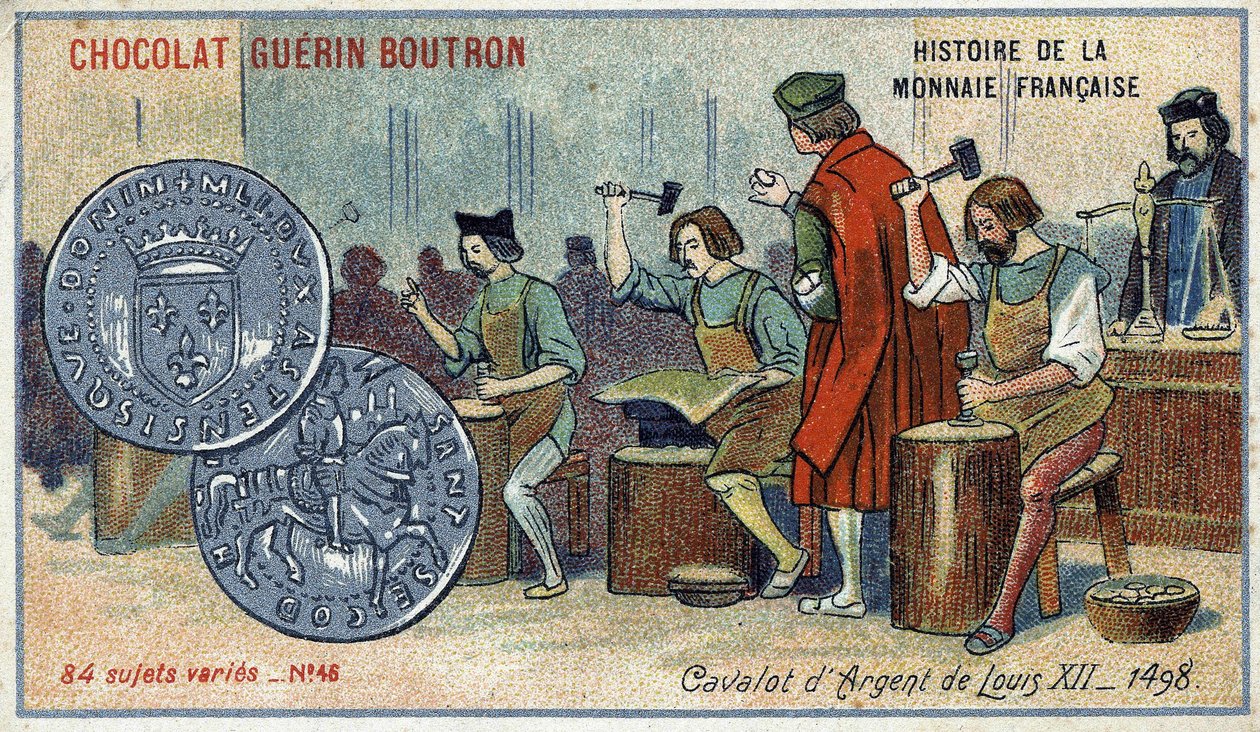 A francia valuta története sorozat, amelyet a Chocolat Guérin Boutron adott ki. 19. századi kromolitográfia. XII. Lajos ezüstkavalótája. 1498 alkotó: Unknown artist