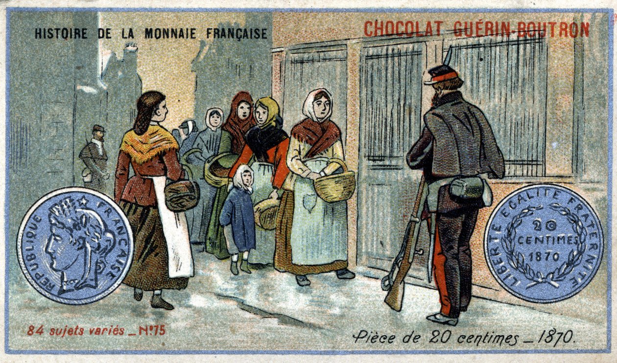 A francia valuta története sorozat, amelyet a Chocolat Guérin Boutron adott ki. 19. századi kromolitográfia. 20 centimes érme 1870-ben alkotó: Unknown artist