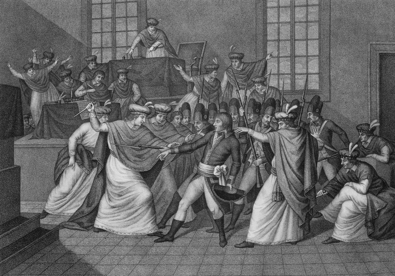 A jogalkotó testület ülése az orangerie de Saint Cloudban: Bonaparte bemutatkozik az Ötcentes Tanács (500-as terme) közgyűlésén, és feloszlatta azt Brumaire 19-én, a VIII. brumaire. alkotó: Unknown artist