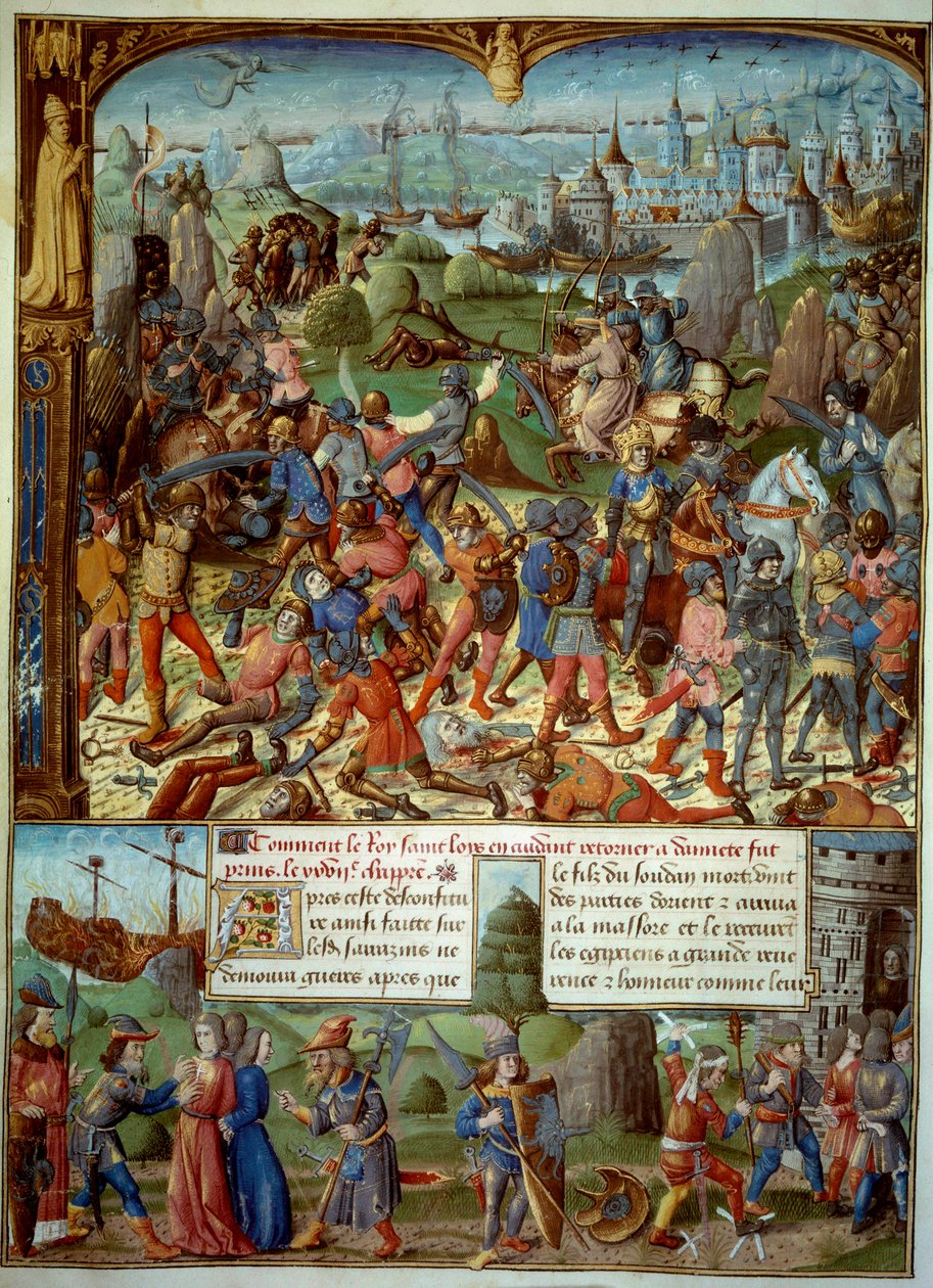 Hetedik keresztes hadjárat (1248-1254). A tetején IX. Lajos (Szent Lajos) (1215-1270), francia király, az átkelőkkel, miután 1250-ben a szaracénok legyőzték Manszúránál. Visszavonultak Damaszkusz tornyai mögé. IX. Lajost és két testvérét elviszik alkotó: Unknown artist