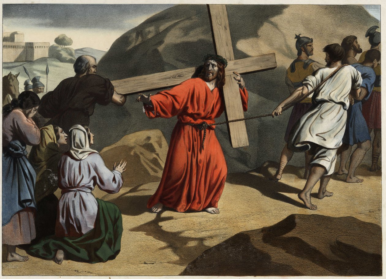 Felmászott a Kálváriára: a keresztjét vivő Jézus vigasztalja Jeruzsálem leányait. Névtelen metszet a 19. század közepéről. alkotó: Unknown artist