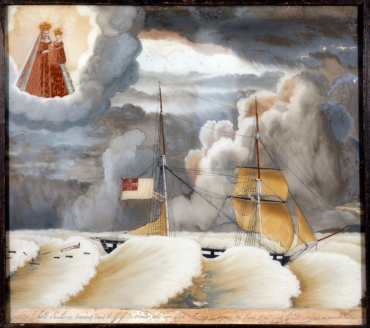 Nehéz helyzetben lévő „” La belle Emilie” hajó - festmény fára, a Notre Dame de Laghet ex voto, 44x37 cm alkotó: Unknown artist