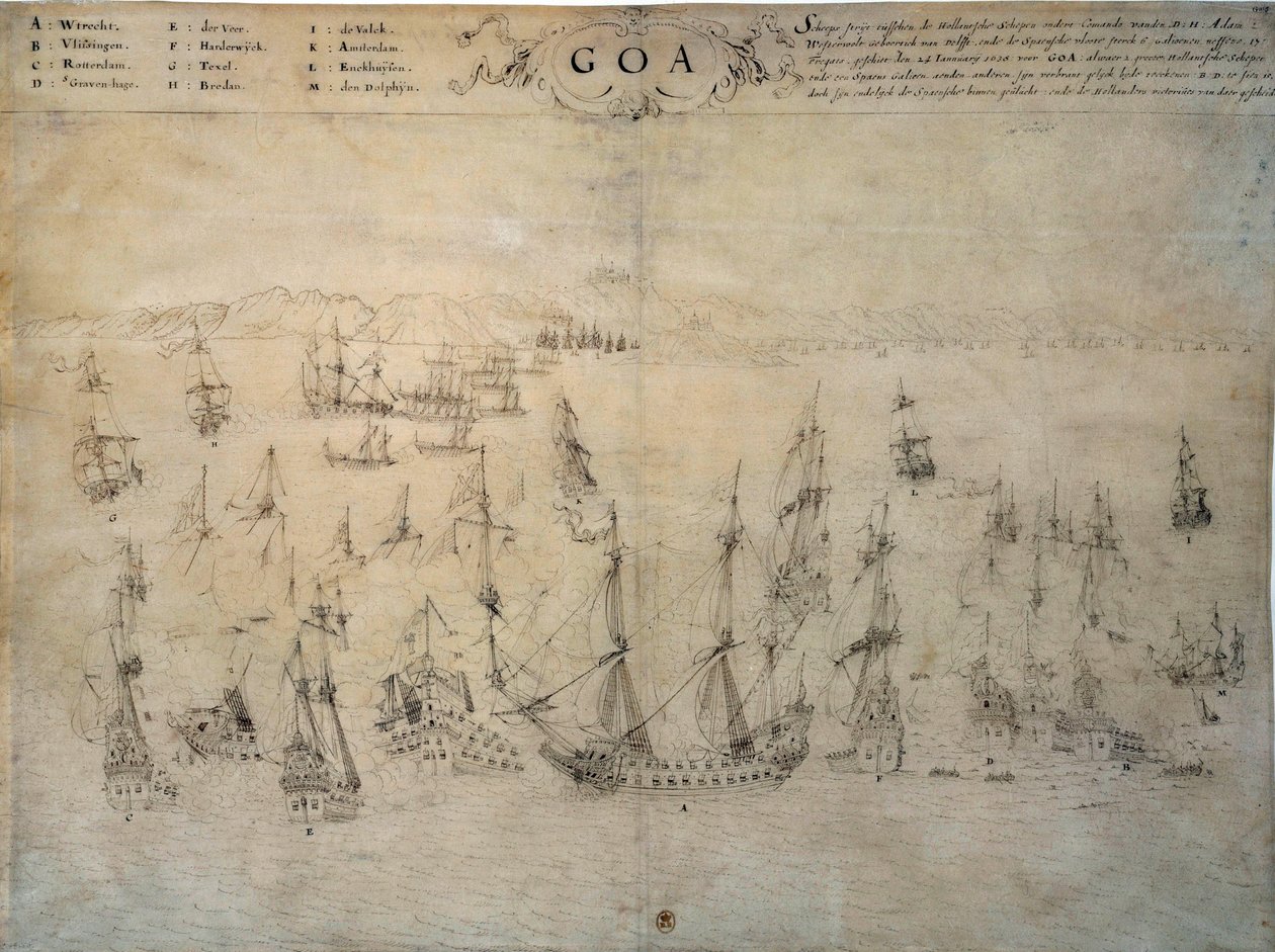 Goa, portugál gyarmat ostroma a holland flotta által 1603 és 1639 között. 17. századi kézirat Paris, B.N. alkotó: Unknown artist