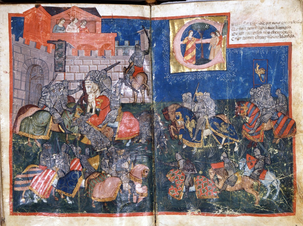 Pamplona ostroma Spanyolországban, Nagy Károly Miniatűrje az „Entree of Spain”-ból. 14. századi Velence, Biblioteca Marciana. alkotó: Unknown artist