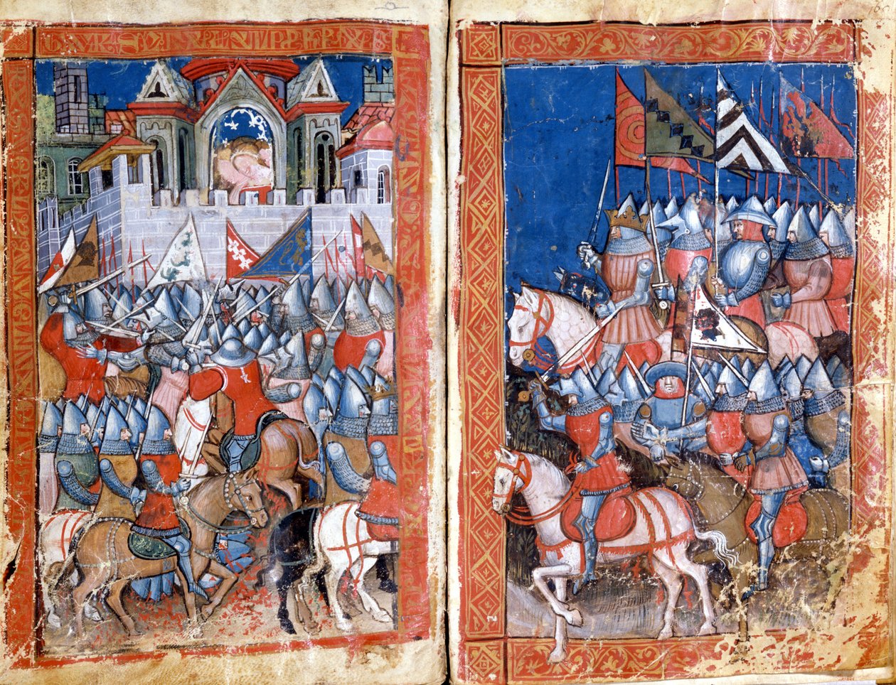 Pamplona ostroma Spanyolországban, Nagy Károly Miniatűrje az „Entree of Spain”-ból. 14. századi Velence, Biblioteca Marciana. alkotó: Unknown artist