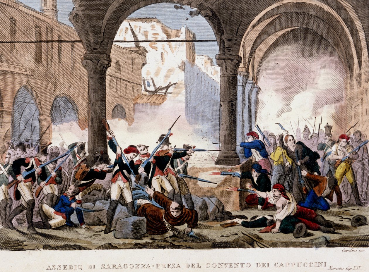 Zaragoza (Zaragoza) és a kapucinus kolostor ostroma 1808-ban. A korszak színes metszete. Milánó alkotó: Unknown artist
