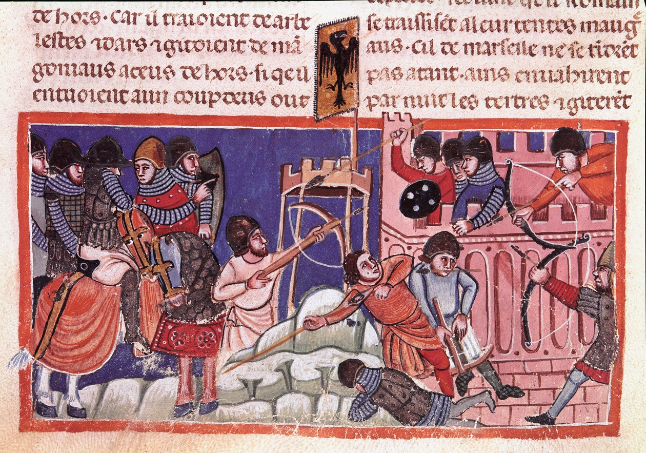 Egy megerősített város ostroma. Miniatűr Jules Cesar (Kr. e. 101-i. e. 44) tényeiről szóló kódexből 14. századi Velence, Biblioteca marciana alkotó: Unknown artist