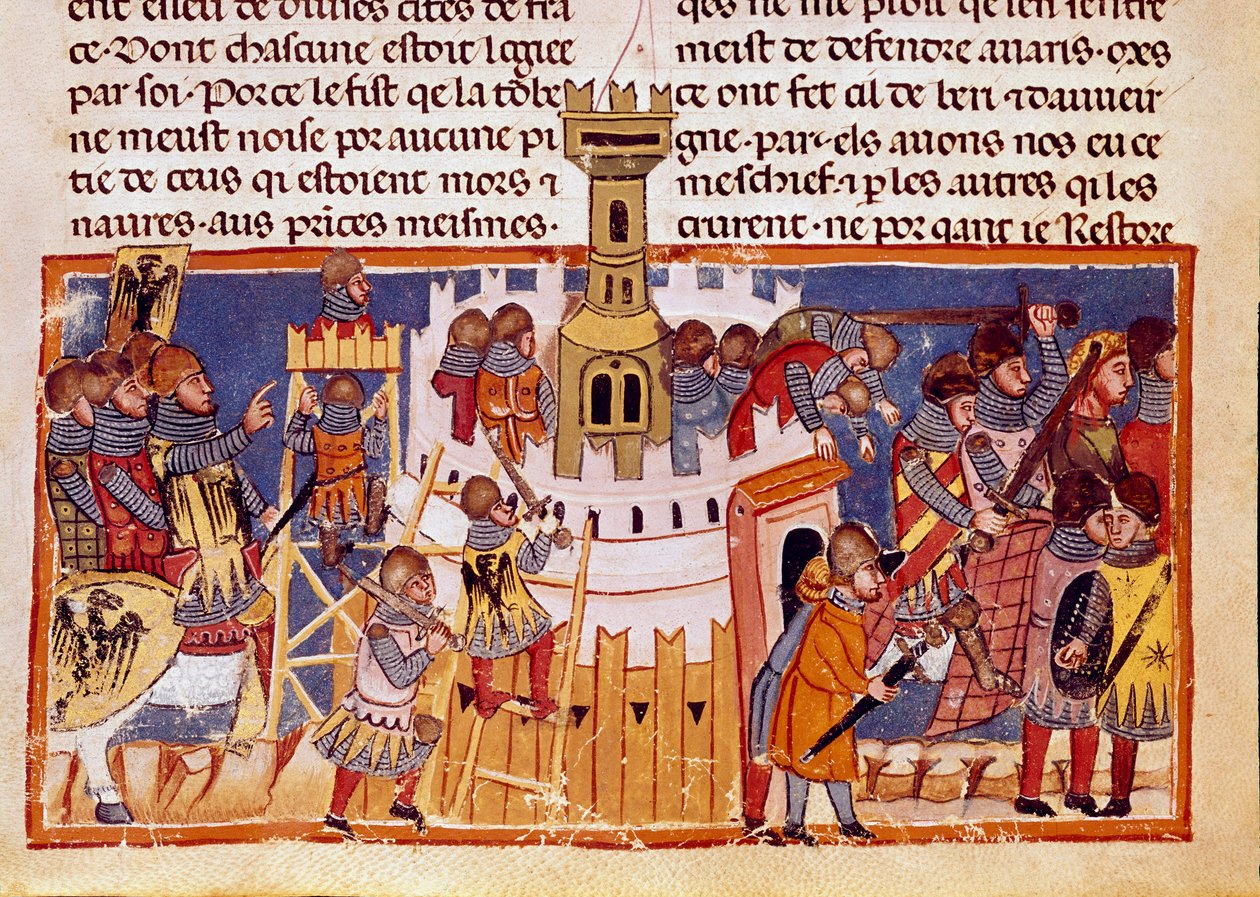 Egy megerősített város ostroma A tizenkét Cesar életét bemutató miniatűr „A rómaiak tényei” című filmből. 13. századi Velence, biblioteca Marciana alkotó: Unknown artist