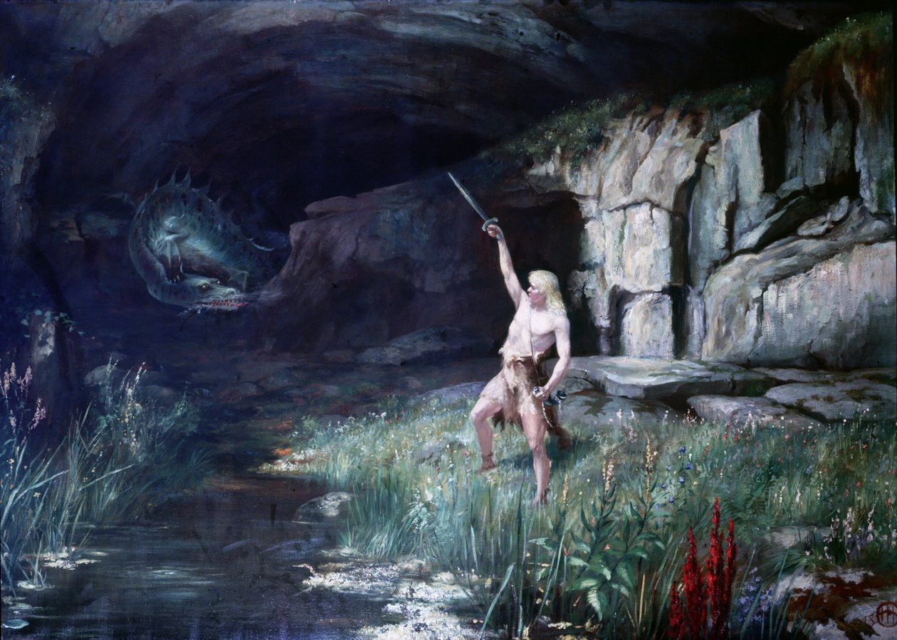 Siegfried Fafner sárkány felé fordulva meglengette a kardját. Richard Wagner (1813 - 1883) "" A nibelungok gyűrűje" című opera színpada. Festmény. alkotó: Unknown artist