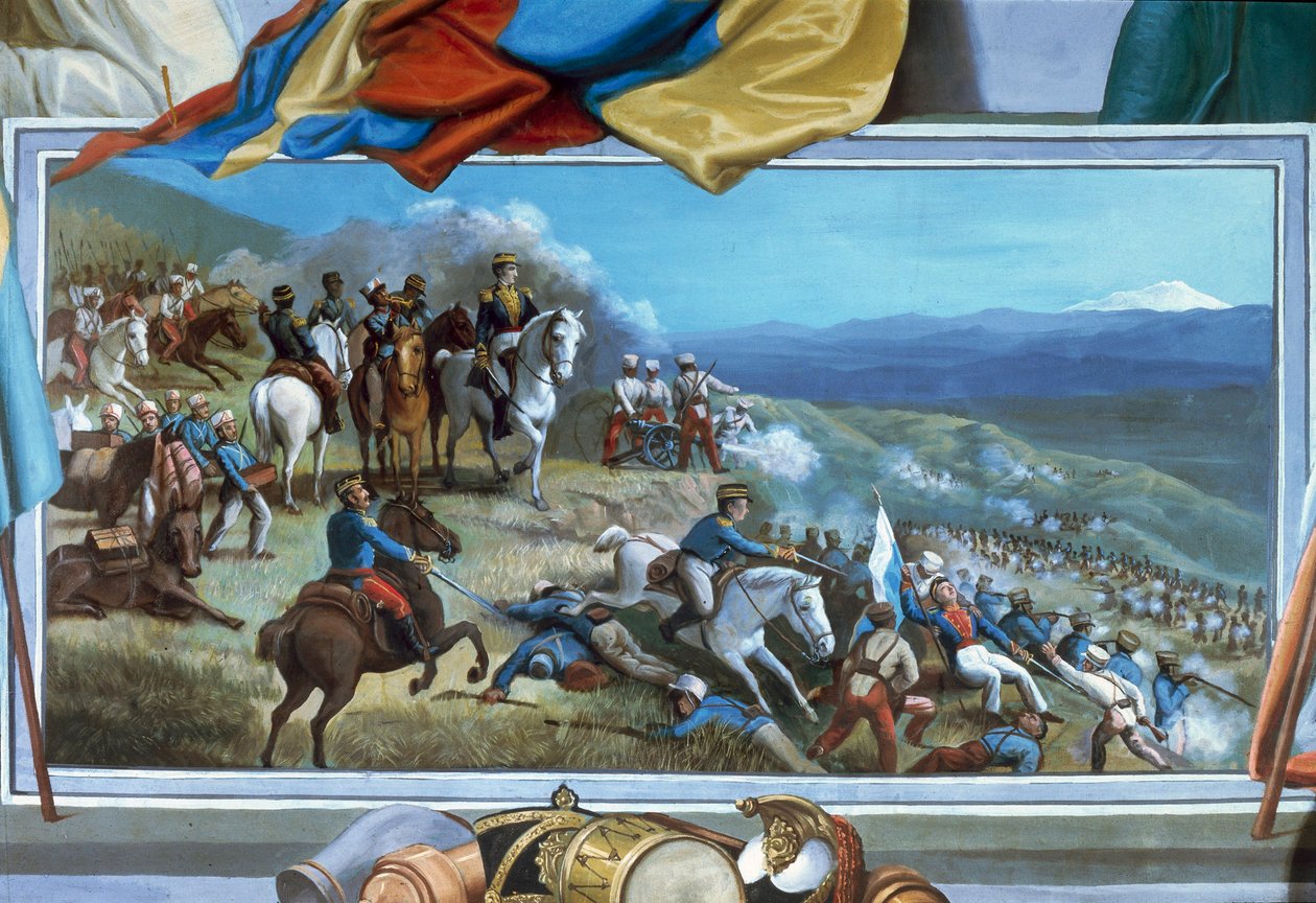 Simon Bolivar lázadó csapatokat vezet Agustin Agualongo spanyol erői ellen, freskó Ibarra városháza, Ecuador alkotó: Unknown artist