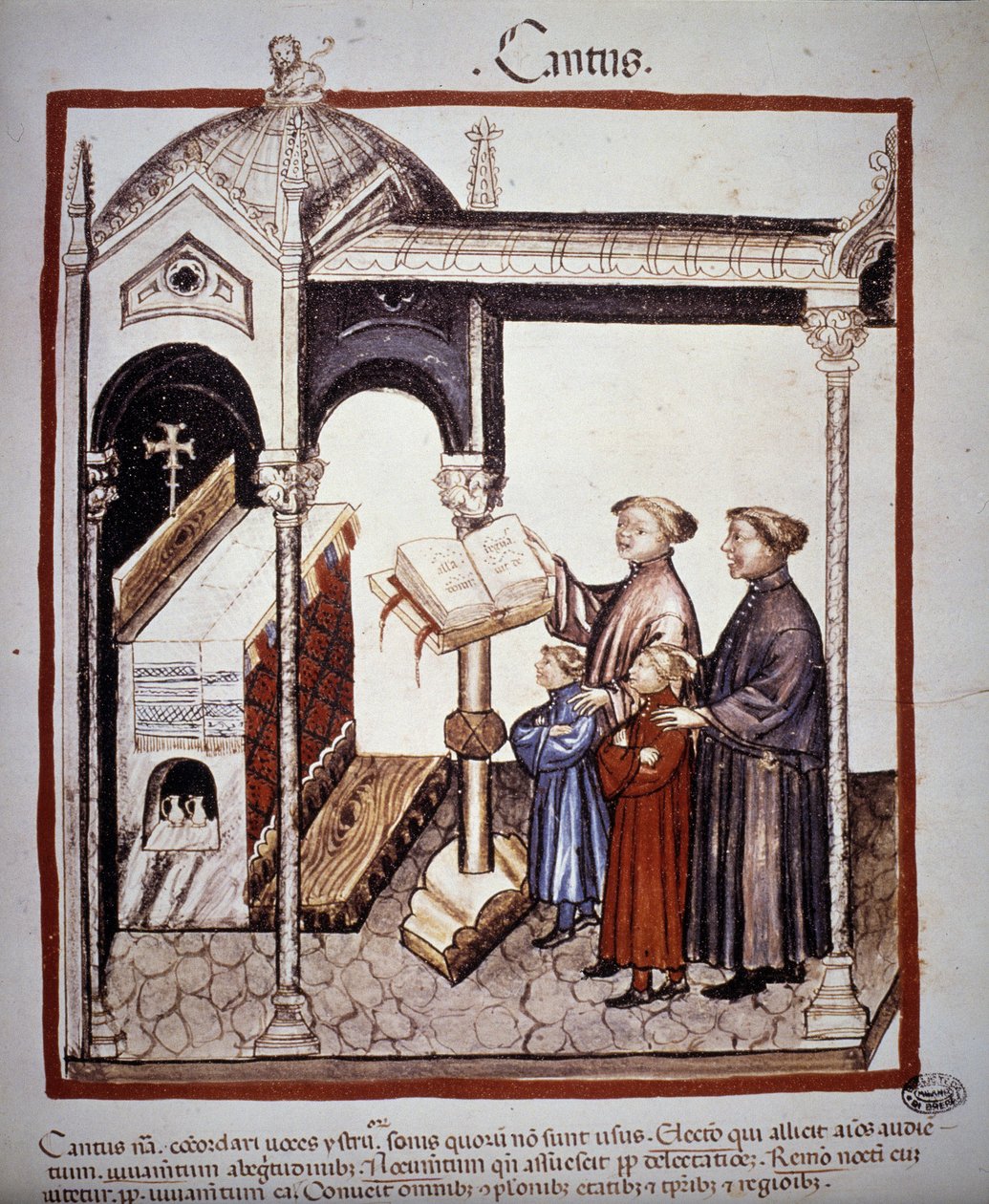 Éneklés (templomban éneklő család) - a 14. századi „” Tacuinum Sanitatis””-ban. B.N, Bécs. alkotó: Unknown artist