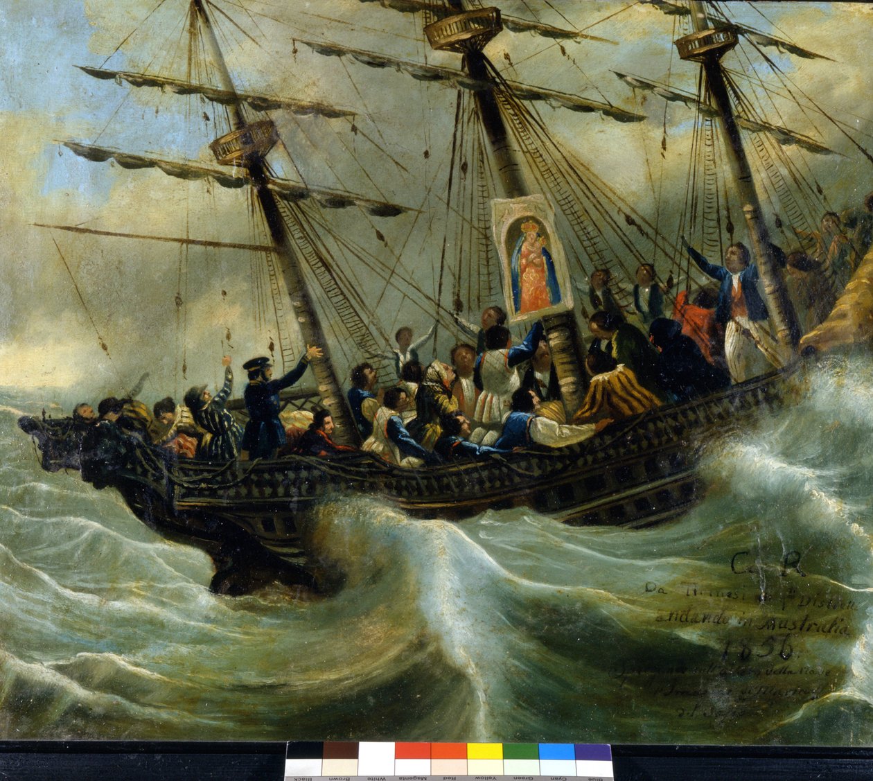 Egy svájci emigráns hajó elsüllyedése. Ex voto 1856-ból a locarnói Madonna del Sasso szentélyből. Giovanni Antonio Vanoni festménye. alkotó: Unknown artist