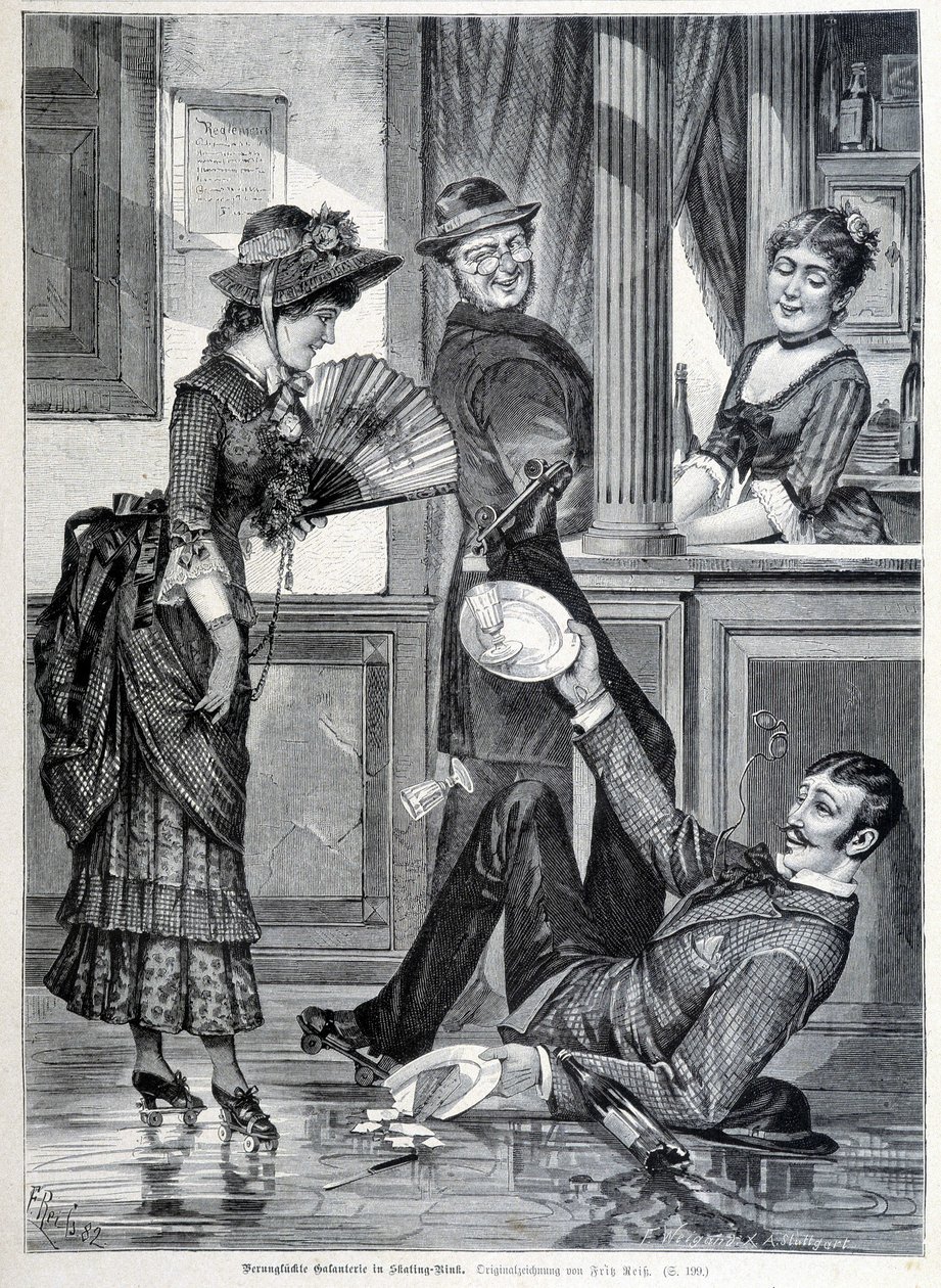 Korcsolyázási jelenet egy sörfőzdében. Egy fiú elesik és összetöri a rajta lévő tányérokat (1883). alkotó: Unknown artist