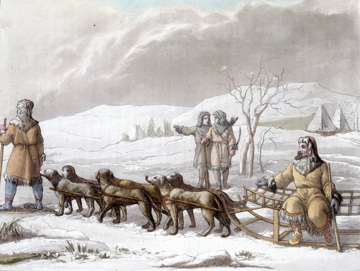 Kutyák által húzott Kamtchadales szán, Szibéria. Rajza Gallina f. Dekoratív Művészeti Könyvtár Párizsban. „Az ősi és modern jelmez” alkotó: Unknown artist