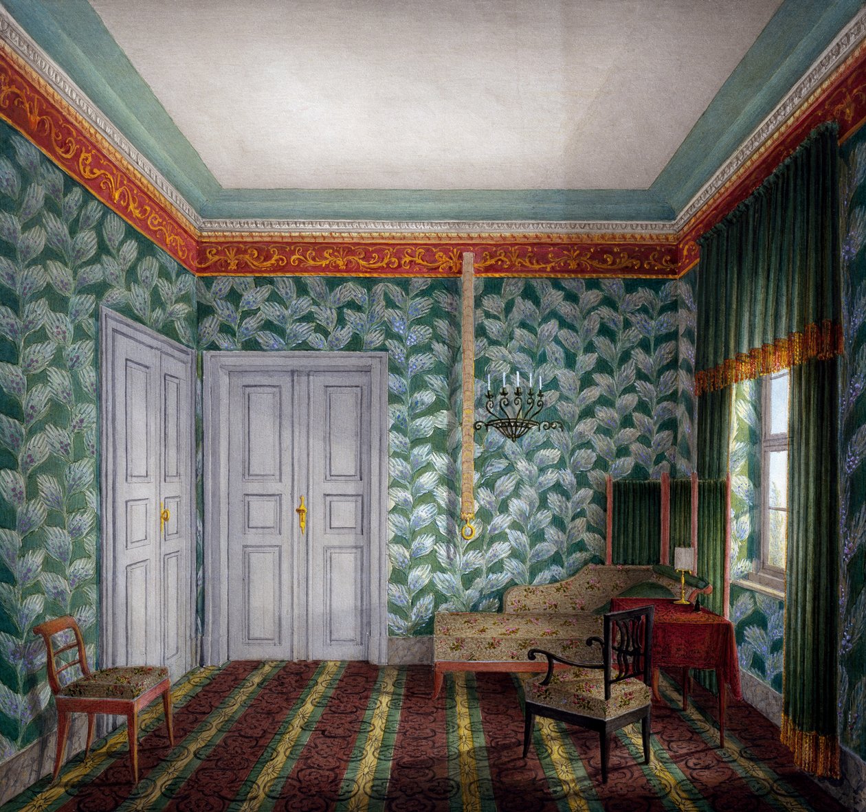 Kis nappali szoba zöld tapétával és lombokkal alkotó: Unknown artist