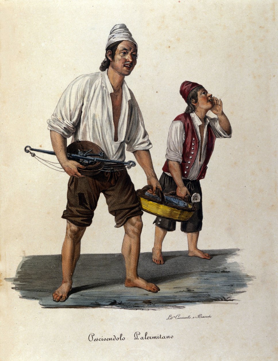 Az utca kis metszeje: sétálóhal árusai. Szicíliai metszet a XIX alkotó: Unknown artist