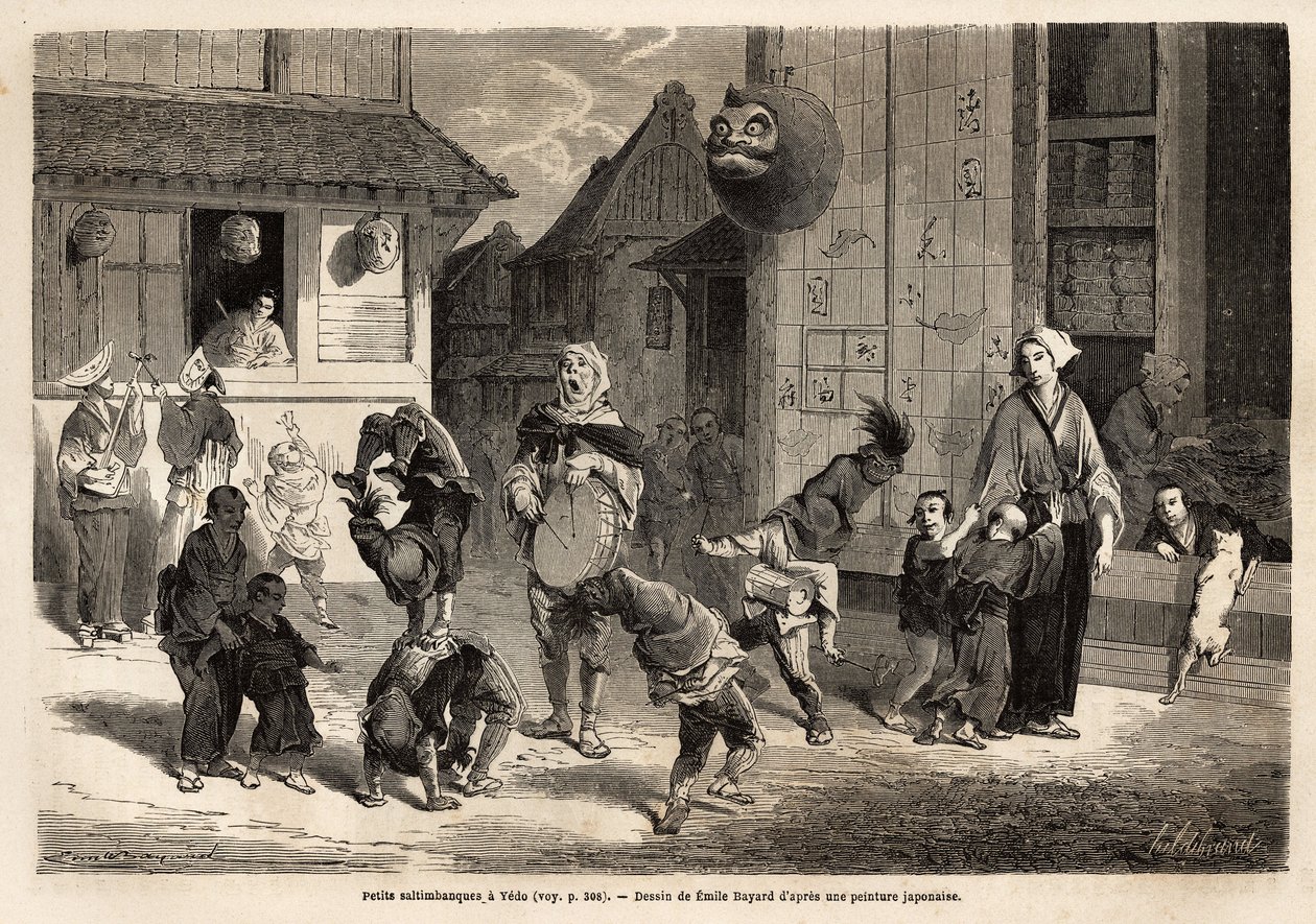 Akrobatikus számokat zenében előadó kis saltibankok Yedo (vagy Edo, birodalmi főváros, mai Tokió) utcáin. Aime Humbert, a Svájci Államszövetség miniszterének 1863–1864-es japán utazását illusztráló metszet a „” Le tour du m”-ben. alkotó: Unknown artist
