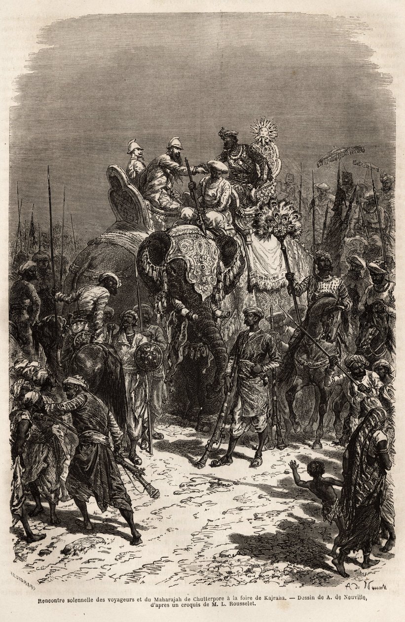 Ünnepélyes találkozó és kézben tartva egy elefánt hátán, az utazók csapata és a Chutterpore-i maharadzsa között, Kajraha vásárán. Louis Rousselet 1864-1868-as metszete a rádzsák indiai utazásának illusztrálására, megjelent a "" Le alkotó: Unknown artist