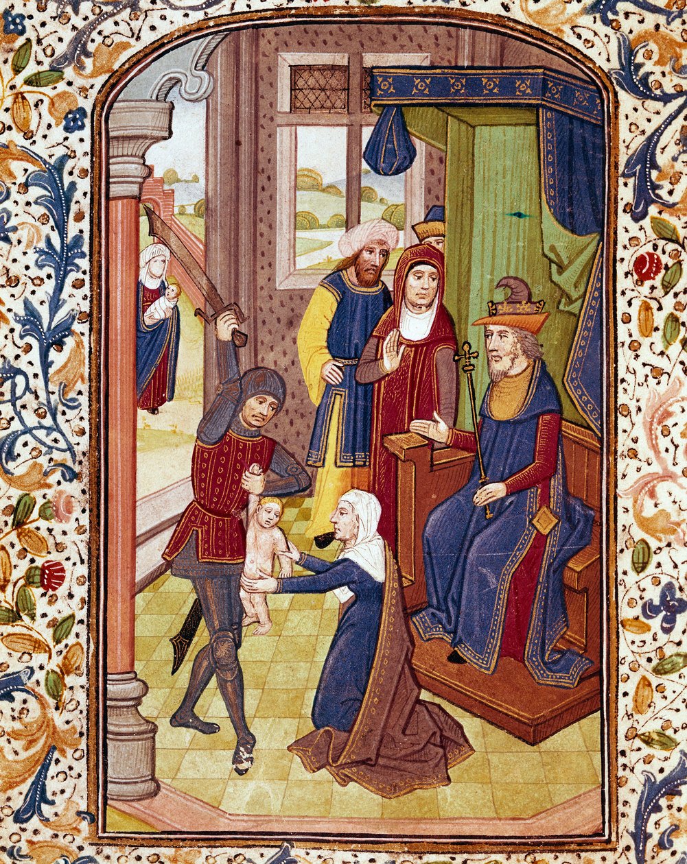 Salamon ítélete Két nő úgy tesz, mintha ugyanannak a gyermeknek az anyja. Miniatűr az egyetem 15. századi coimbrai könyvtárának kéziratából alkotó: Unknown artist
