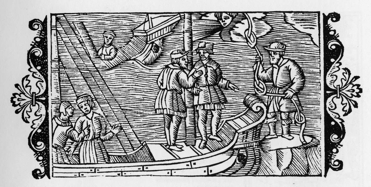 Varázsló eladja tengerészeknek a kötél három csomópontjába zárt szeleket – Olaus Magnus „Historia de Gentibus Septentrionalibus” (Észak népeinek története) című művében, Róma, 1555 alkotó: Unknown artist