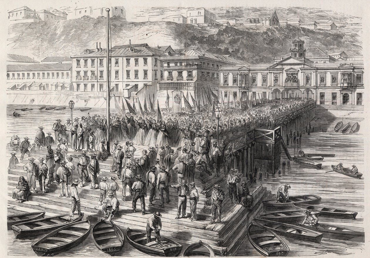 Dél-amerikai spanyol háború Chile és Spanyolország között, 1865. szeptember: Valparaiso hölgyei a kikötőt blokkoló spanyol osztag jelenlétében hazafias himnuszokat énekelnek – Metszet: „A jeles világ” alkotó: Unknown artist