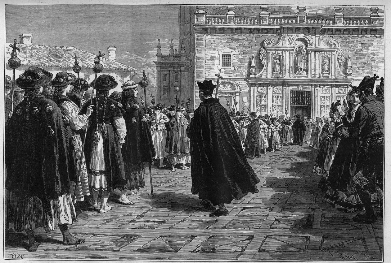 Spanyolország 1880: Santiago de Compostela (Santiago de Compostela) ünnepei, a pelerinek körmenete a Bazilika bejáratánál. alkotó: Unknown artist