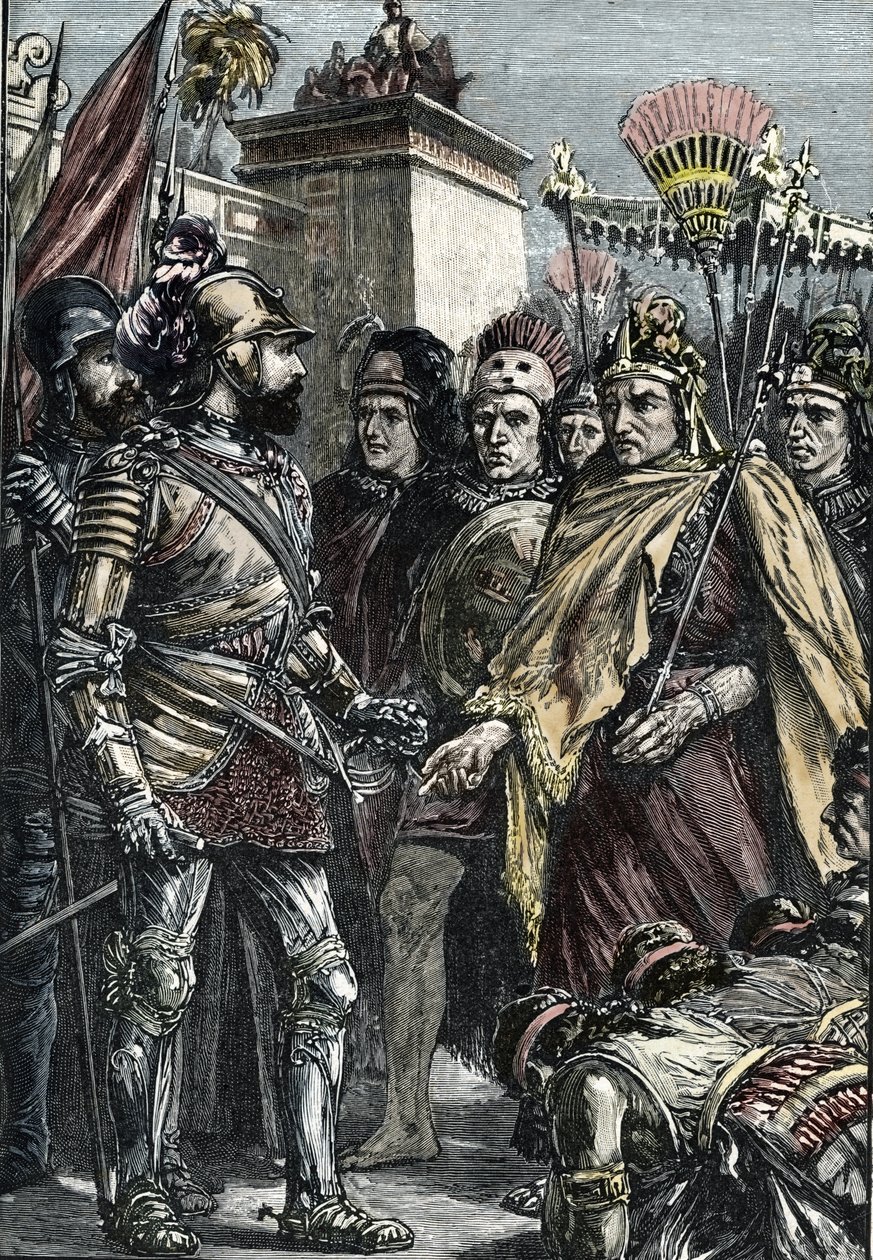 Mexikó spanyol meghódítása: Hernan Cortes és II Montezuma találkozója 1519-ben. alkotó: Unknown artist
