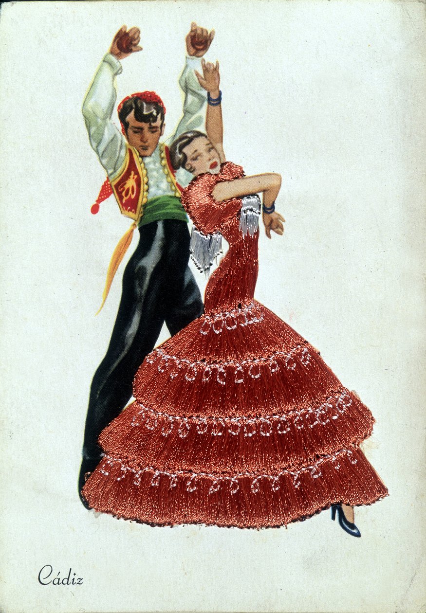 Spanyol flamenco táncosok hagyományos ruhákban. alkotó: Unknown artist