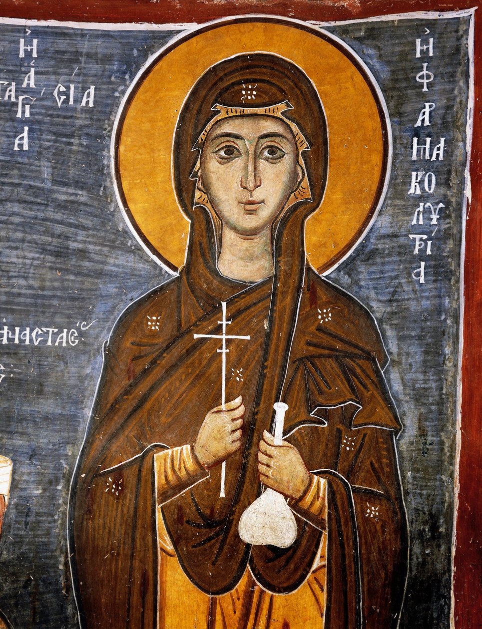 Szent Anasztázia, lovak gyógyítója palackkal és kereszttel, Asinou Miasszonyunk bizánci temploma (XII. század) (UNESCO Világörökségi Lista, 2001), Troodos-hegység, Ciprus, Részlet alkotó: Unknown artist