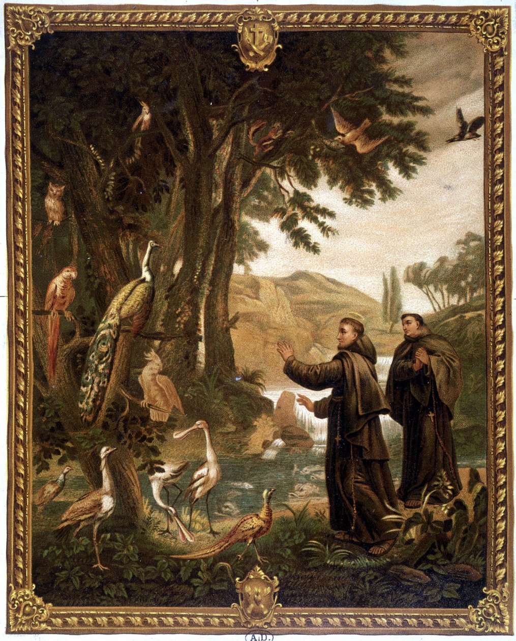 Assisi Szent Ferenc madarakkal beszélget - 19. századi kromó, amely egy 18. századi festményt reprodukál. alkotó: Unknown artist