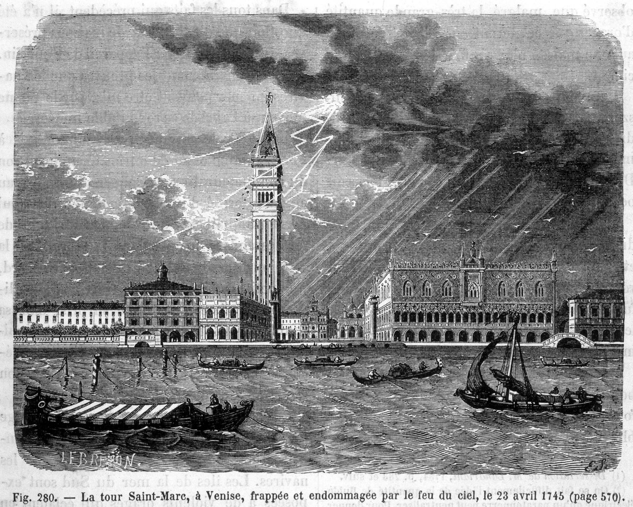 A velencei Szent Márk-torony 1745. április 23-án megsérült az ég tüze által – Louis Figuier „A tudomány csodái” című művében alkotó: Unknown artist