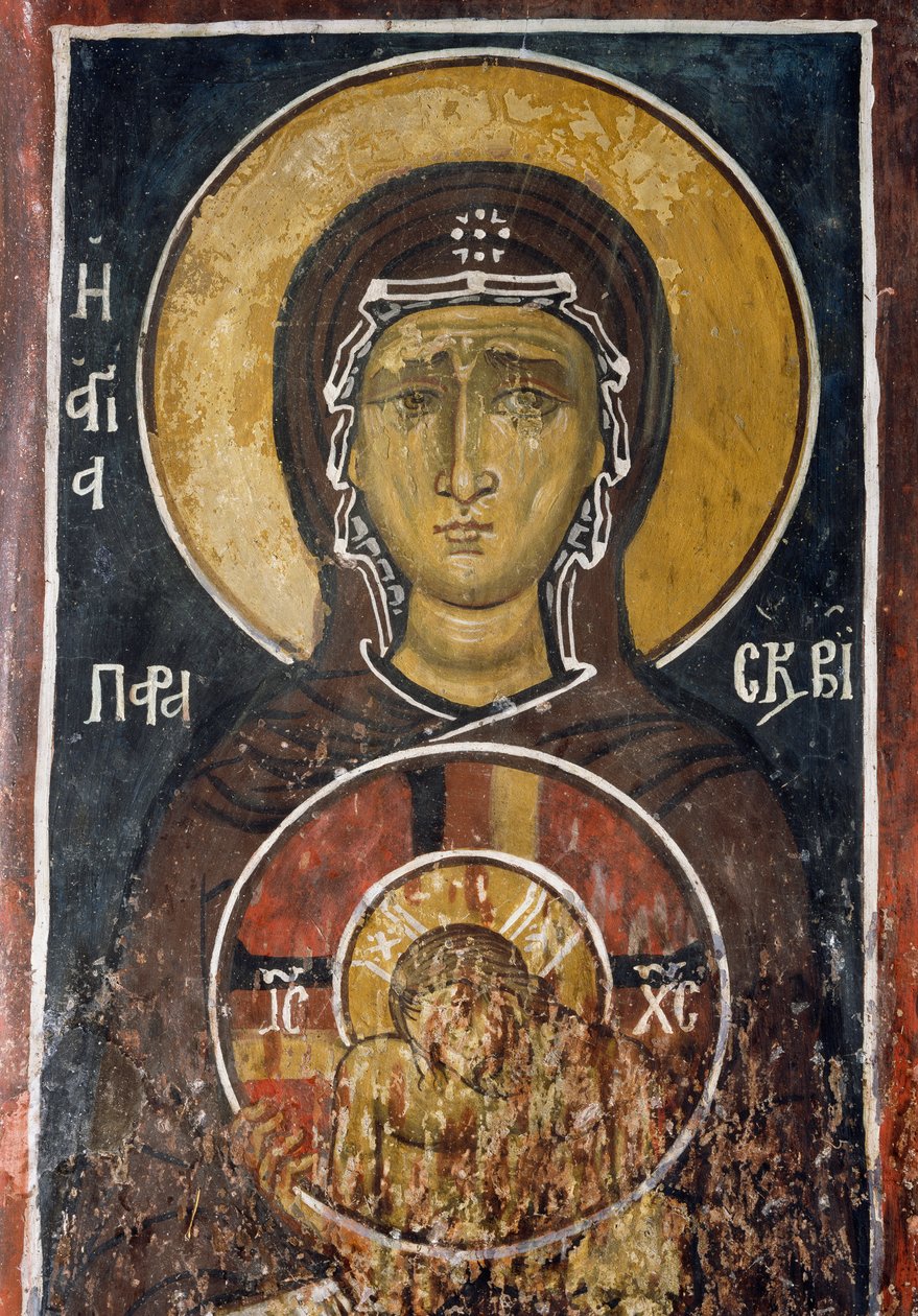 Szent Paraszkevi, Nagypéntek megszemélyesítése a Legfelsőbb Alázat Krisztus ikonját tartó, freskó (1332-1333), bizánci Asinou Boldogasszony templom (XII. század) (Unesco Világörökségi Lista, 2001) Troodos hegység, Ciprus alkotó: Unknown artist