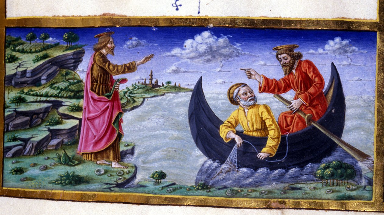 Szent Péter: Horgászat a Tiberias-tavon. 15. századi miniatűr. Milánó, Biblioteca Trivulziana. alkotó: Unknown artist