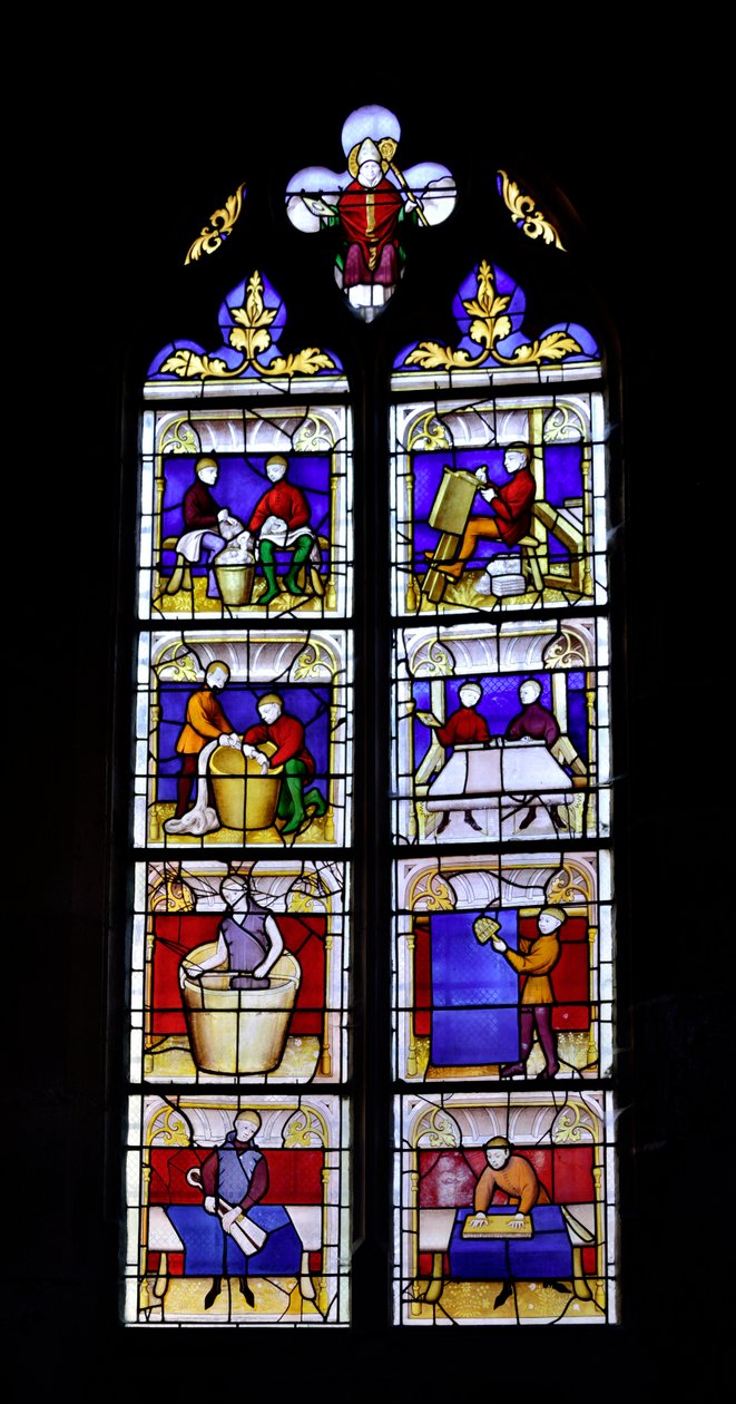 Foltos ablak a ruhakészítést bemutató, 15. század közepe – Chapelle Saint Blaise (Szent Blaise) a Semur-en-Auxois-i templom Collegiale Lady (Notre Dame de Semur en Auxois), Burgundia alkotó: Unknown artist